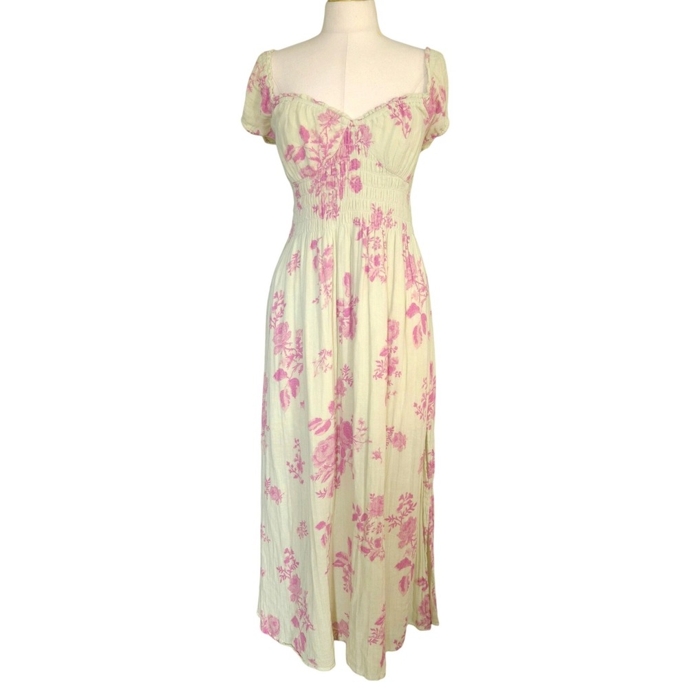 Free People Maxi Dress Womens Large Green Pink Floral Excellent Smocked Tie Back